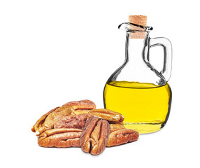 pecan nut oil in bottle isolated on white background