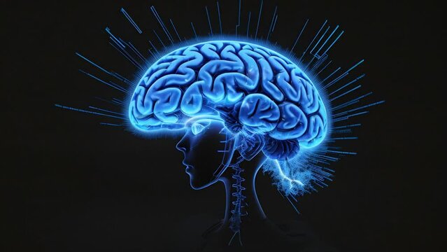 Futuristic animation with blue human brain on dark grunge background. Blue x-ray image, artificial intelligence concept. AI generated animation with image transformations.