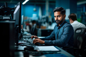 Indian Tech Guru: An Indian Man Working as IT Support, a Male Technician with a Laptop, Keeping Technology Running Smoothly.


