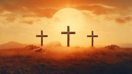 Image of three christian crosses over landscape with sun glowing on orange sky. easter celebration, religion and tradition concept