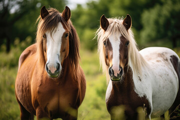 Obraz na płótnie Canvas Close up of horses on green grass