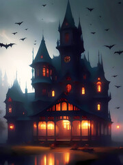 Fototapeta na wymiar Haunted House With Bats Flying In Halloween Night. Generative AI