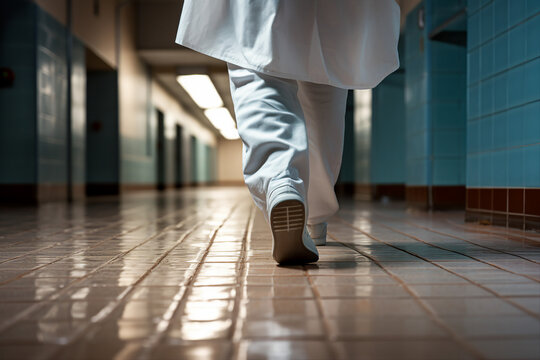 Close up generative AI image of a man in a lab coat and footwear walking down a hallway