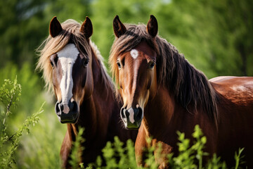 Close up of horses on green grass