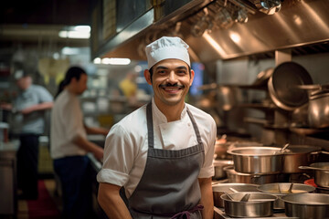 Master of Flavors: A Portrait of a Latino Man Working as a Chef, Distinguished by His Chef's Hat.

