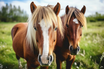 Naklejka na ściany i meble Close up of horses on green grass