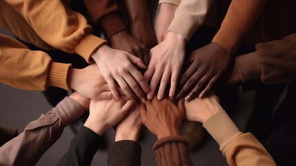 hands of different races and ethnicities. United for equality: Diverse youth fighting against discrimination