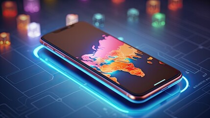Smartphone with map, 3D Map pins, GPS, navigator pin checking points, 3D World Map icon, technology and application mobile smart phone with mobile, delivery tracking, transportation, generate by AI