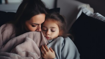 asian woman take care of little ill daughter. Sick child lying on bed under blanket, with worried. single mom taking care of sick daughter at home. child has a high fever. covers on the couch and ill - obrazy, fototapety, plakaty