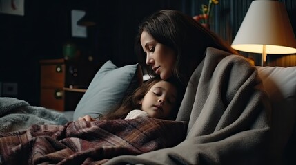 Fototapeta premium asian woman take care of little ill daughter. Sick child lying on bed under blanket, with worried. single mom taking care of sick daughter at home. child has a high fever. covers on the couch and ill