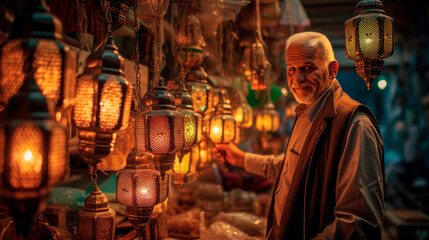 Obraz premium A Portrait of a Muslim Mature Man Adorned with Lanterns at a Sari Market in Morocco, Africa, Ample Copy Space to text