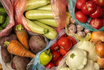 Fresh vegetables in plastic bags