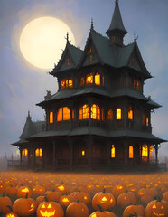 Fototapeta na wymiar Haunted House With Pumpkins Field Night Background. Generative AI