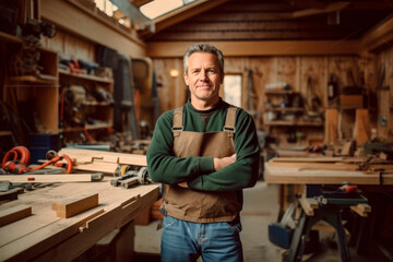 Master of Woodcraft: A Portrait of a Mature Male Artisan in His Carpentry Workshop, Showcasing the Artistry of Carpentry Work in the Background.

