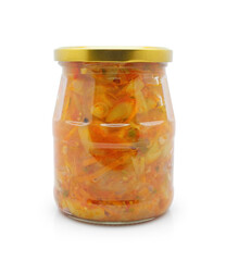 Homemade canned vegetables in glass jar for long-term storage. Salad from sweet pepper, carrot, onion, tomatoes and parsley, healthy winter snack. Isolated on white background. 