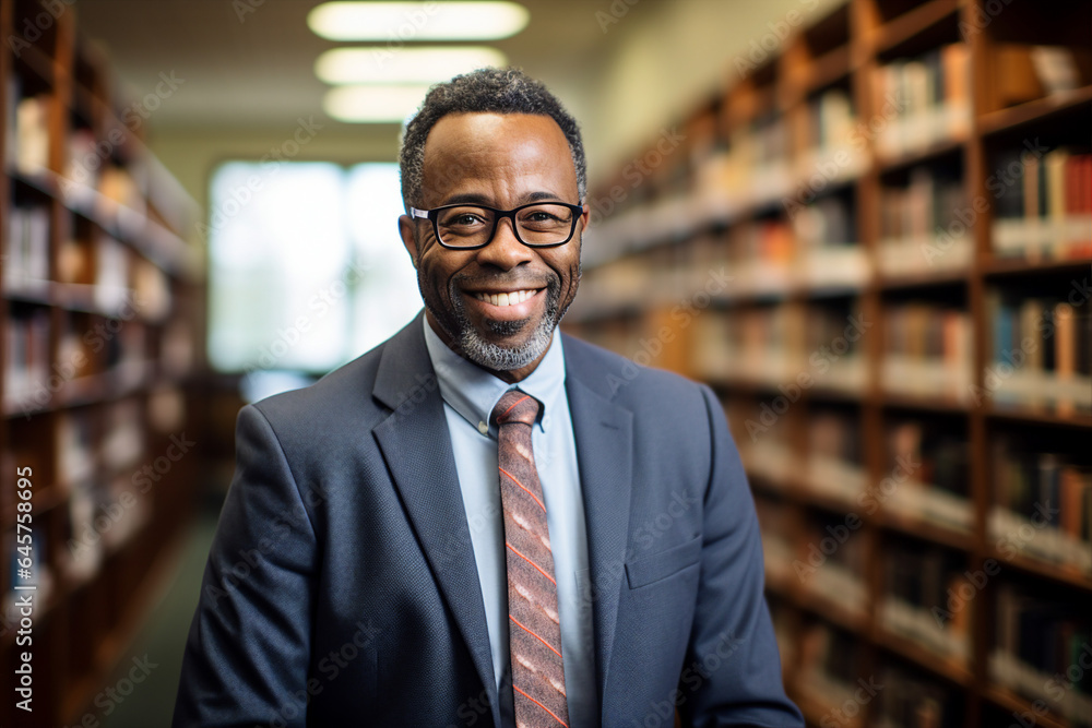 Aufkleber portrait of handsome happy man professional instructor scientist against a library bookshelf backgro