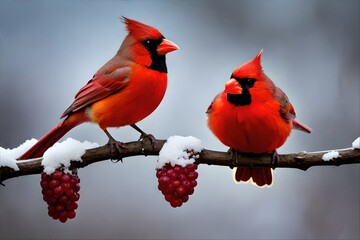 red cardinal on a branch in winter snowy season generated by AI tool