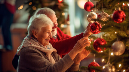 Capturing the Joyous Connection of an Elderly Latin Couple as They Decorate a Christmas Tree