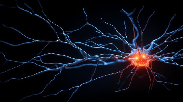 Neuron model lit up against a black background symbolizing the complex and beautiful world of neuroscience