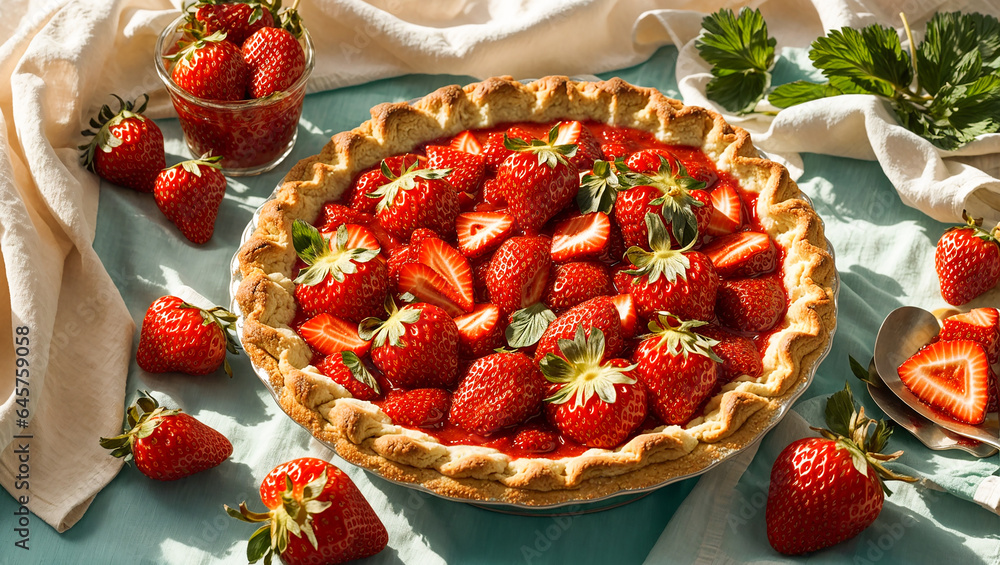 Wall mural appetizing strawberry pie, fresh berries on old background