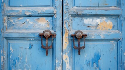 Old Door handles with an old double door painted with blue