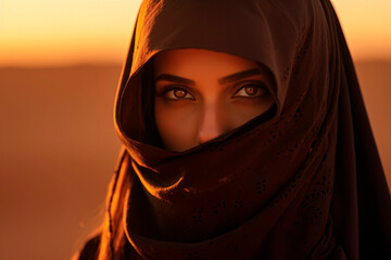 Naklejka premium Eyes of Enigma: A Woman with Beautiful and Mysterious Eyes Wearing a hijab, Set Against a Desert Sunset Backdrop.