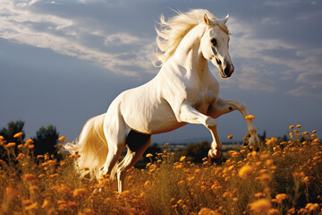 Fototapeta premium Dramatic photo of a white horse rearing