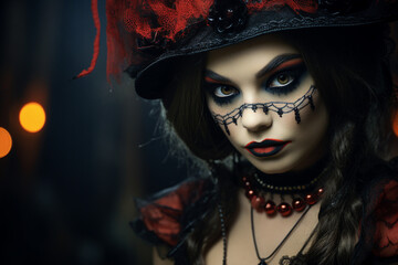 Obraz premium Portrait of beautiful woman daark witch halloween catrina made with Generative AI