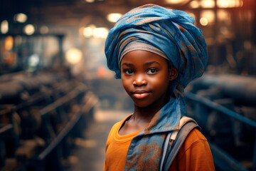 Innocence Amidst Industry: A Portrait of a Small African Black Girl with a Blurred Textile Factory in the Background, Highlighting Child Labor.

