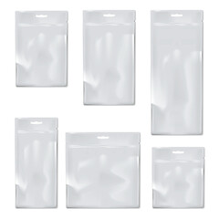 Blank white sachet packet. Vector mockup set. Plastic pouch with euro slot, zip lock and tear notches template. Food, medical or cosmetic product individual package kit mockup
