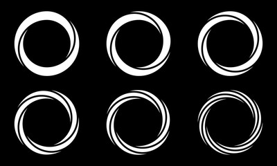 Set with white circles on black background. Rotating art lines in circle shape as symbol, logo or icon.