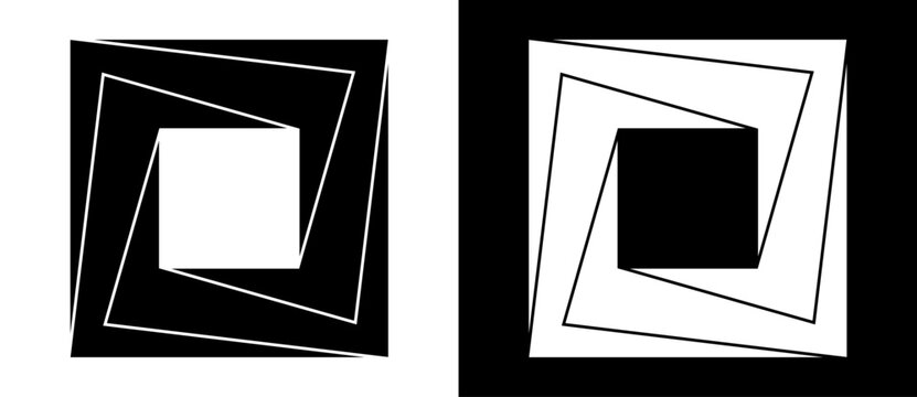Geometric square shape as modern design element, logo or icon. A dark figure on a white background and an equally light figure on the black side.