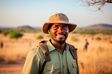 Fototapeta premium Wildlife Adventure Navigator: Capturing the Skill and Knowledge of a South African Man Serving as a Male Guide on Safari Expeditions.