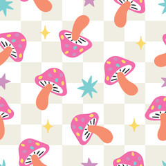 Fall checkered pattern. Mushroom seamless pattern. Groovy seamless file. Retro seamless paper. Fall seamless pattern.