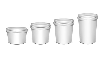 White blank plastic bucket with lid. Vector mockup set. Pail round container packaging kit realistic mockup. Template for design - obrazy, fototapety, plakaty
