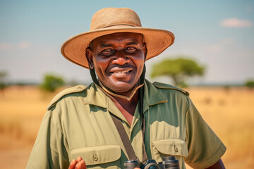 Fototapeta premium Wildlife Adventure Navigator: Capturing the Skill and Knowledge of a South African Man Serving as a Male Guide on Safari Expeditions.