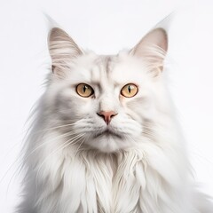 A minimalist photograph of a cat in front of a solid white color background