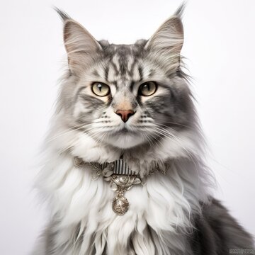 A minimalist photograph of a cat in front of a solid white color background