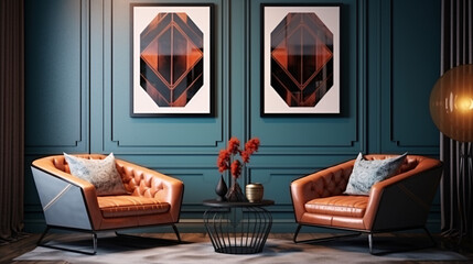 two leather chairs in the living room with blue walls, Art deco Modern Interior Design Style
