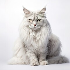 A minimalist photograph of a cat in front of a solid white color background