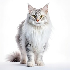 A minimalist photograph of a cat in front of a solid white color background