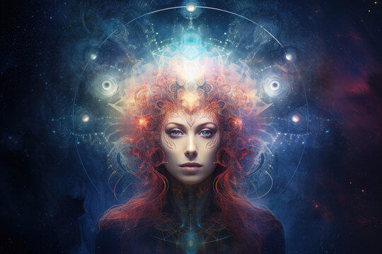 Silhouette of woman with glowing aura. Female in trance meditates on an esoteric abstract background. Spiritual life concept