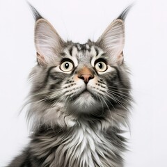 A minimalist photograph of a cat in front of a solid white color background