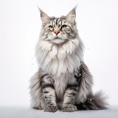 A minimalist photograph of a cat in front of a solid white color background