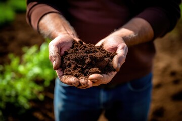 close-up farmer's hands holding soil sample, soil health in sustainable farming practices
