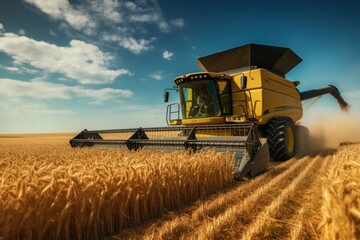 Obraz premium A combine harvester gracefully reaps corn in a golden field, celebrating the harvest's splendor.