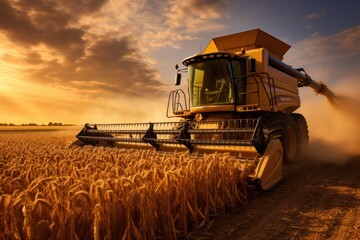 Fototapeta premium combine harvester processing corn in golden field, highlighting the beauty of the harvest season