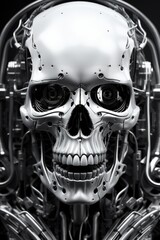 Skull of a human size robot in black and white