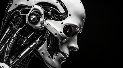 Skull of a human size robot in black and white