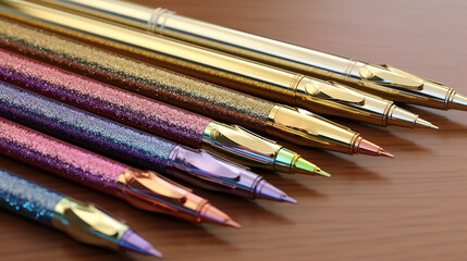 Fototapeta premium Colorful shiny pens on a light background close-up